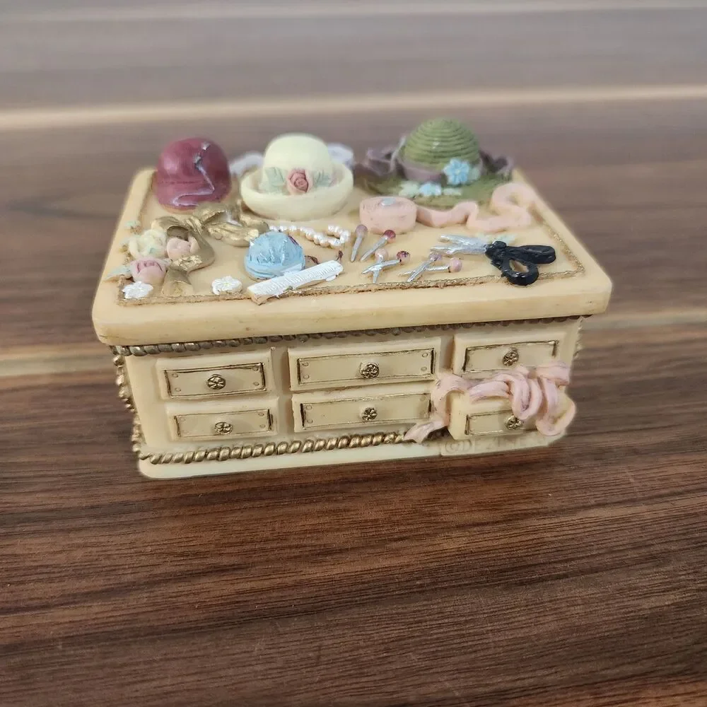 Dezine Vintage 1995 Hand Painted 3D Embossed Trinket Box Victorian Ribbons Hats